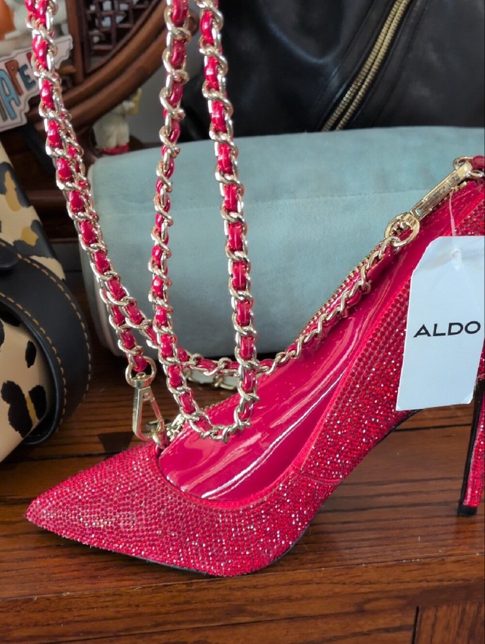 Aldo Stilletto Step Up Red Glitter With Love Shoe Crossbody - Picture 4 of 9